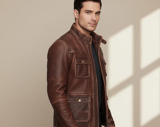 Handmade Men’s Vintage Biker Jacket | Distressed Brown Cowhide Leather | Classic Café Racer Motorcycle Style