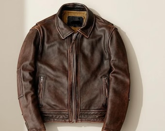 Men’s Vintage Cafe Racer Biker Jacket | Distressed Brown Real Leather Motorcycle Jacket | Retro Moto Style Outerwear