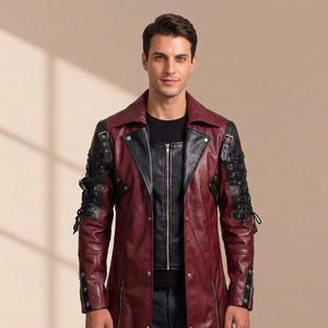 Trench-coat gothique en cuir pour homme | Veste longue en cuir Steampunk Matrix | Manteau long victorien punk