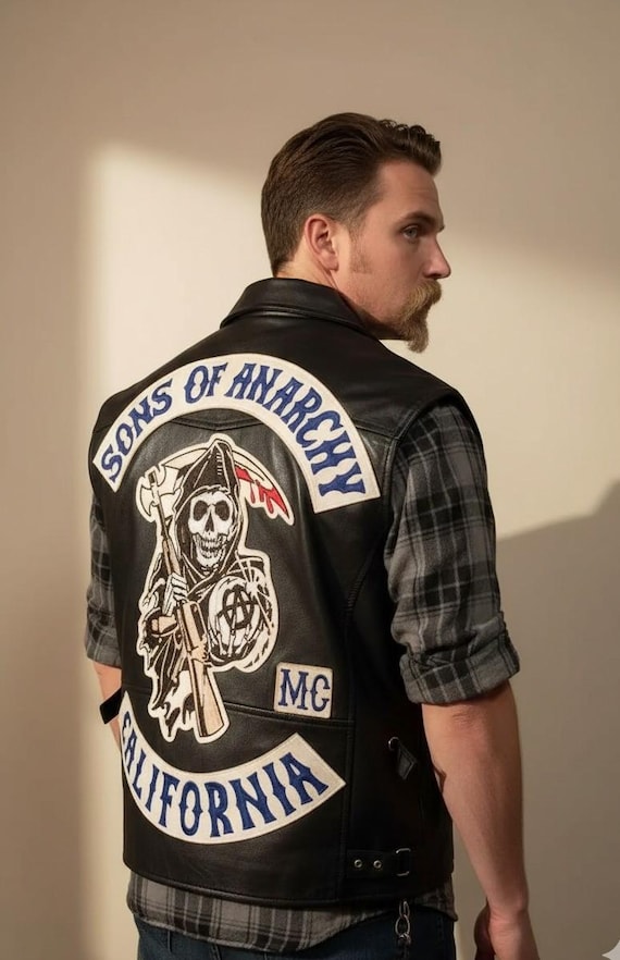 Men's Real Leather Biker Vest SOA Motorcycle Highway Gangs Real