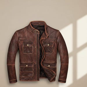 May include: A brown leather jacket with a stand-up collar and multiple pockets. The jacket has a zipper closure and a classic, rugged design. The leather appears distressed, giving it a vintage look.