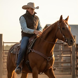 Op de afbeelding: Een persoon met een cowboyhoed, bruin gewatteerd vest en blauwe jeans rijdt op een bruin paard. Het paard heeft een witte streep op zijn gezicht en draagt een leren hoofdstel en zadel. De achtergrond is een wazige buitenscène.
