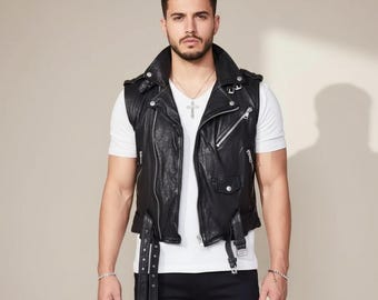 Débardeur homme noir en cuir véritable|  Gilet de motard fait main de style vintage pour moto