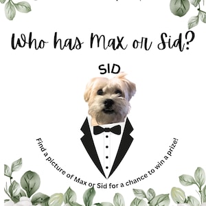 May include: A white card with the text "Who has Max or Sid?" and "SID" in black. A dog wearing a tuxedo is in the center. The text "Find a picture of Max or Sid for a chance to win a prize!" is in a curved font.