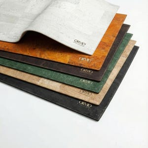 May include: A stack of cork placemats in various colors, including white, orange, brown, green, tan, and black. Each mat has a textured surface and the brand name "ORVIO" printed on it. The mats are stacked with the top one partially lifted.