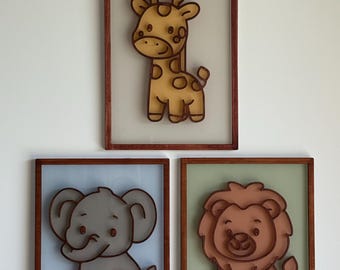Safari Animal Acrylic Wall Decor – Lion, Elephant & Giraffe Kids Room Sign (SET)