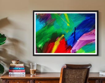 May include: Abstract painting with bold strokes of green, blue, red, yellow, and purple paint. The painting is framed in black.