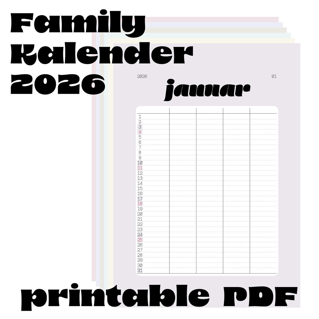 Familienkalender 2026 Zum Ausdrucken | Wandkalender PDF | Mehrpersonen