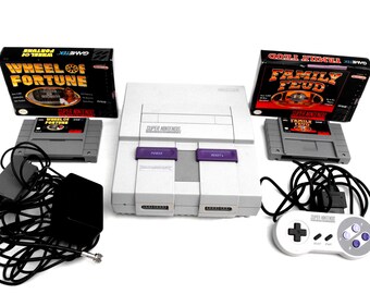 1991 Super Nintendo SNES Console, Controller, Cords & Two Game Boxes Video Games 1992 Wheel of Fortune and 1993 Family Feud Retro Gamer Gift