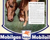 1944 Mobilgas Mobiloil Horses Goodyear Pliofilm Advertisement Print Poster Equestrian Pony Flying Red Horse Wartime Wall Art Home Decor
