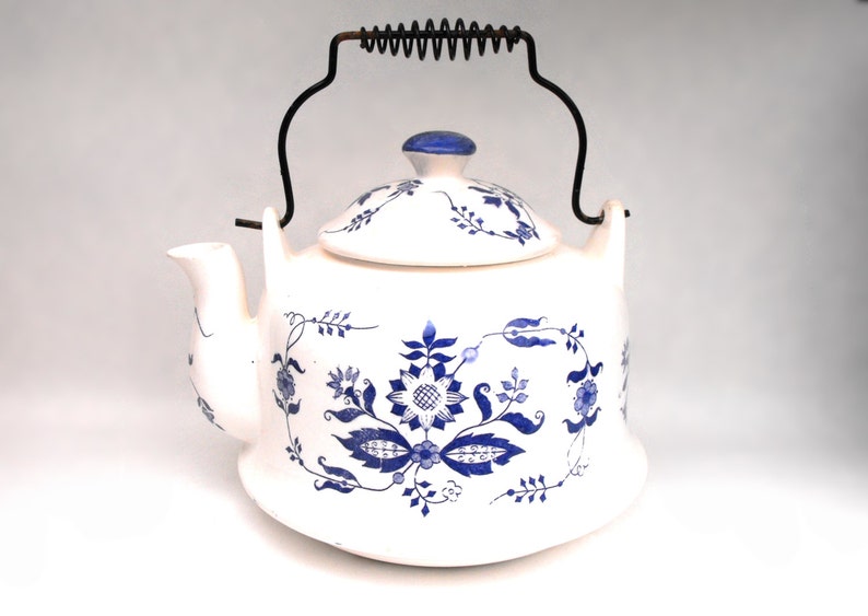 Vintage Blue Floral Teapot Coffee Tea Kettle Mid Century 1940s - Vintage Blue Floral Teapot Coffee Tea Kettle Mid Century 1940s -