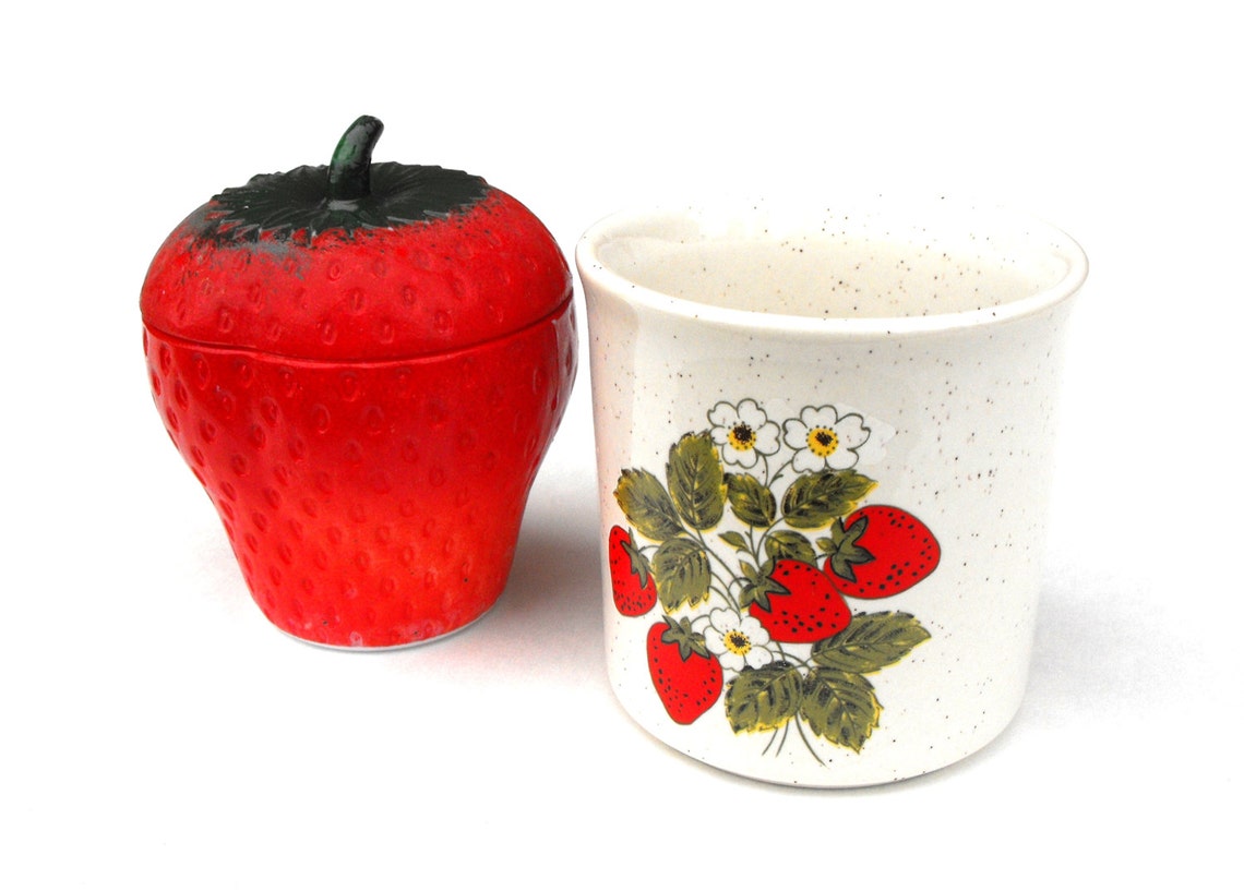 1950s Milk Glass Strawberry Sugar Bowl Canister & Tea Cup Mid Etsy