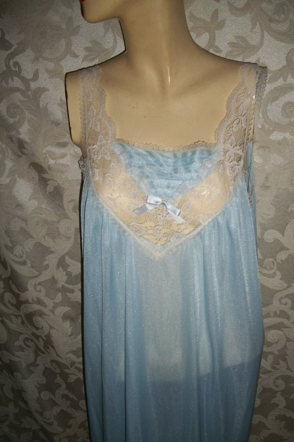 Vintage 70s Baby Blue Nylon and Lace Nightgown By Spotlight