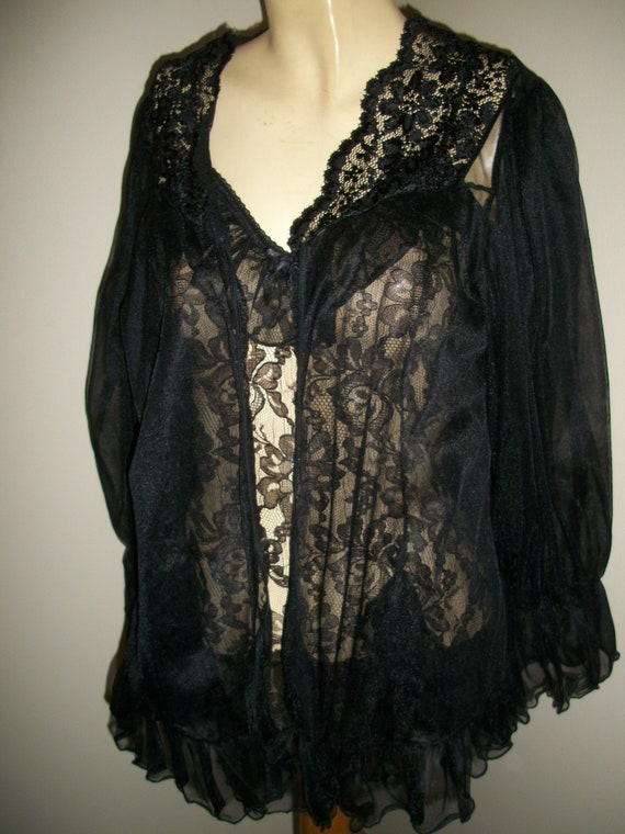 Vintage 70s Black Nylon and Lace Nightgown and Ro… - image 6