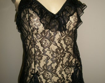 Vintage 70s Black Nylon and Lace Nightgown and Robe
