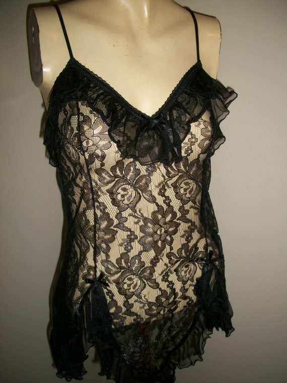 Vintage 70s Black Nylon and Lace Nightgown and Rob