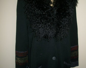 Vintage Long Black Sweater Jacket Coat Merino Wool with Lamb Fur Collar By Magic Made in Italy