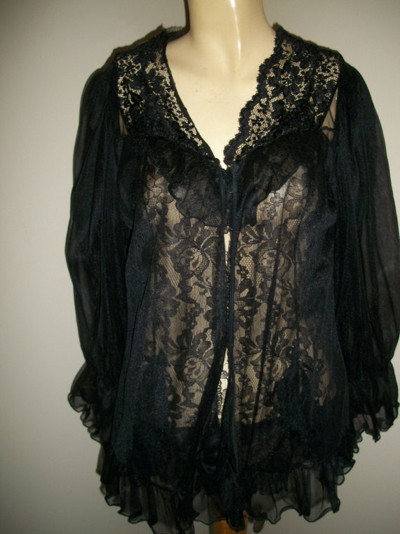 Vintage 70s Black Nylon and Lace Nightgown and Ro… - image 2