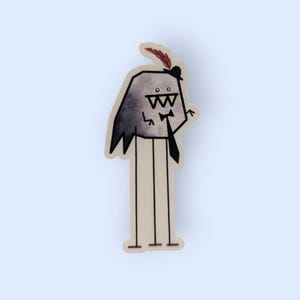 May include: A gray monster with a black top hat and a red feather, wearing a black bow tie and a black tie. The monster has a toothy grin and long legs.