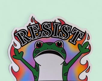 Resist Frog: Rainbow Protest Sticker, Laptop Water Bottle Design, Hand Drawn Accessories