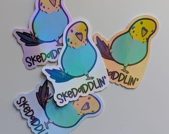 Skedaddling Budgie Sticker: Rainbow Holographic Parakeet Art