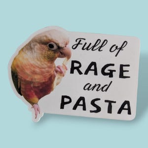 Rage and Pasta Conure-klistermärke: Tillbehör till fågelvattenflaskor, rolig papegoja-laptopdekal