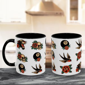 American Traditional Tattoo Accent Coffee Mug Red, 11oz, Tattoo Themed Ceramic Coffee Mug, Alternative Gifts