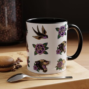 American Traditional Tattoo Accent Coffee Mug Purple, 11oz, Tattoo Themed Ceramic Coffee Mug, Alternative Gifts
