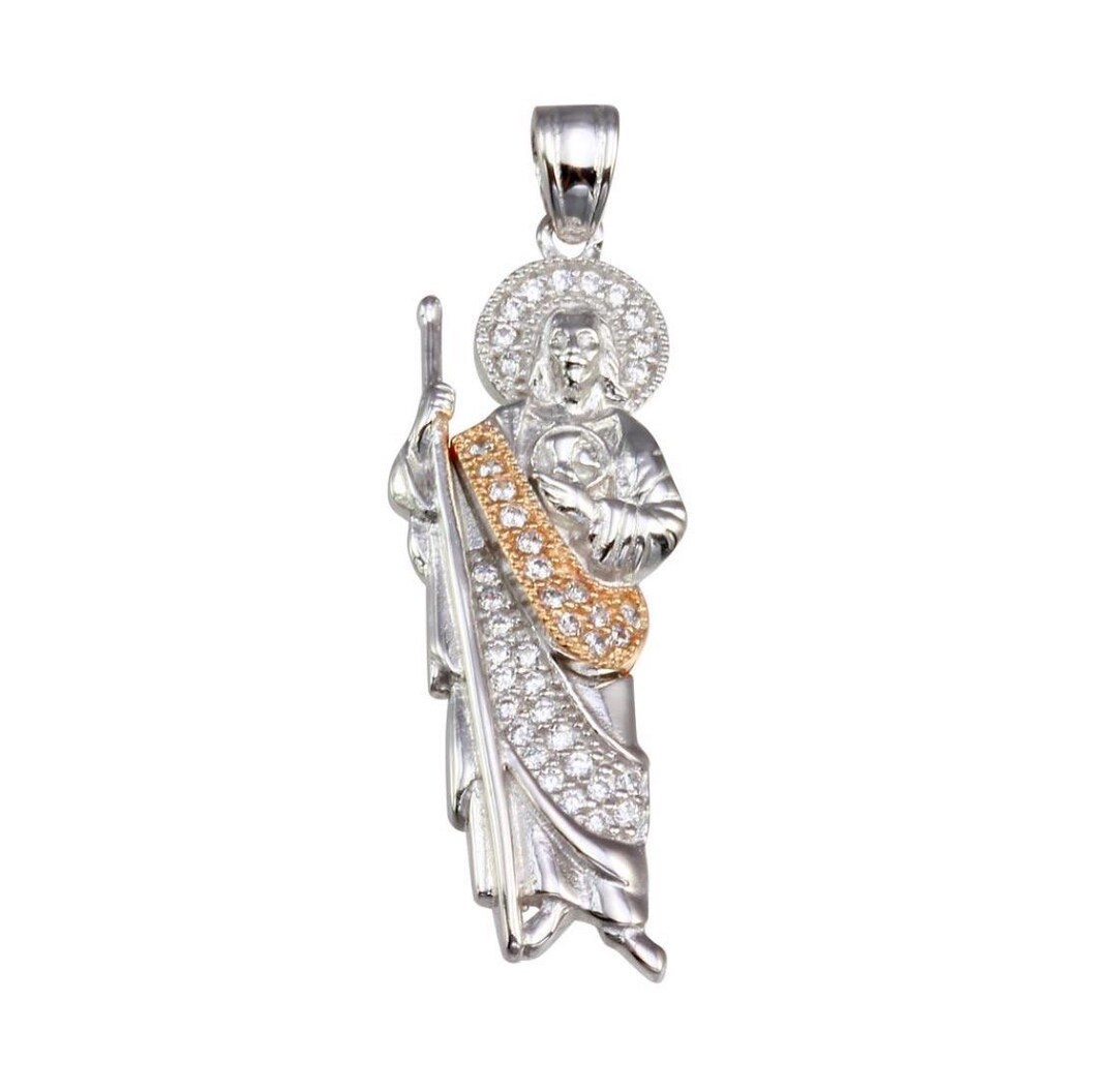 Two-tone 925 Sterling Silver Plated St. Jude CZ Pendant - San Judas ...