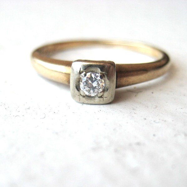 1950s Diamond Engagement Ring - 14 karat yellow gold, size 6, round solitaire, illusion setting