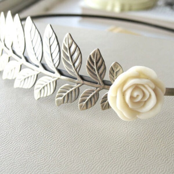 Bridal Headband - leaf, flower, rose, nature, fern, ivory, antique brass, vintage inspired, flapper, art deco, art nouveau, tagt team