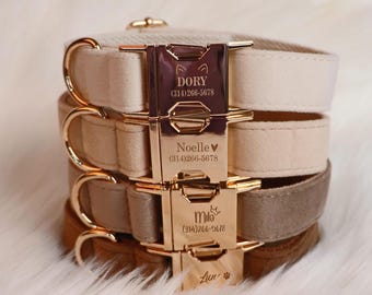 Personalized Dog Collar, Custom Velvet Pet Collar Leash Set with Bow, Adjustable Dog Collar, Engraved Pet Name Tag, Wedding Puppy Gift