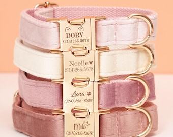 Luxury Dog Collar, Personalized Dog Collar Leash Set with Bow, Champagne Pink Collar, Engraved Pet Name Metal Buckle, Wedding Puppy Gift