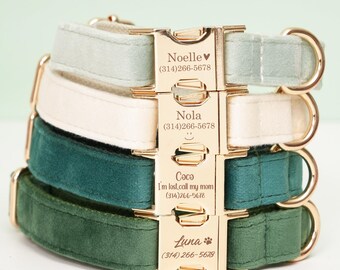 Personalized Dog Collar Leash Set with Bow, Forest Green Velvet Collar, Engraved Pet Name Metal Buckle, Wedding Puppy Gift