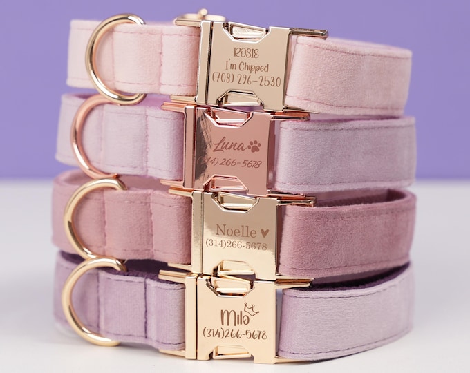 Luxury Dog Collar, Personalized Dog Collar Leash Set with Bow, Purple Pink Collar, Engraved Pet Name Metal Buckle, Collar for Wedding Gift