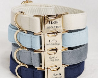 Collare per cani personalizzato in velluto multicolore, collare per cani blu, fibbia in metallo con targhetta incisa con nome dell'animale, collare per cane maschio, regalo per cuccioli