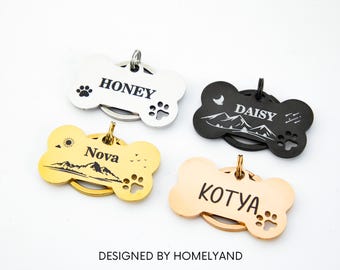 Dog Tag Personalized Logo, Custom Dog Collar Tag, Puppy Name Tag, Stainless Steel Pet ID Tag, Rose Gold Silver Black Bone Dog Tag