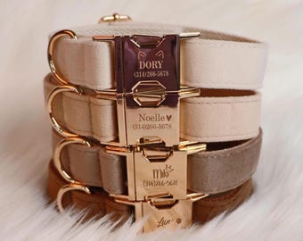Personalized Dog Collar, Custom Velvet Pet Collar Leash Set with Bow, Adjustable Dog Collar, Engraved Pet Name Tag, Wedding Puppy Gift
