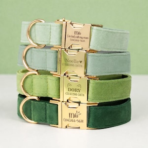 May include: A stack of four dog collars in varying shades of green. Each collar has a gold-colored buckle with engraved text, including names and phone numbers. The collars are made of a soft, velvety material.