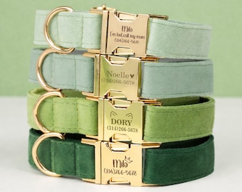 Personalized Dog Collar Leash Set with Bow, Green Velvet Collar, Engraved Pet Name Metal Buckle, Wedding Puppy Gift