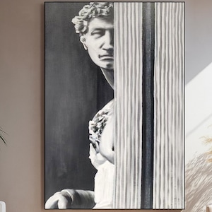 Classical Statue Canvas Wall Art, Monochrome David Painting with Curtain, Minimalist Black and White Hand Painted Modern Sculpture Artwork