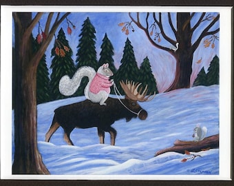 Funny Squirrel & Moose Art Print – Matted Maine Landscape (8x10)