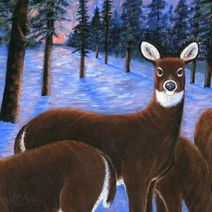May include: A painting of a brown deer standing in a snowy forest. The deer is looking directly at the viewer. The background is a blue and purple sky with a few trees.