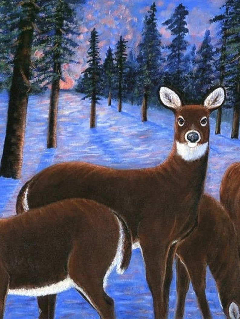 May include: A painting of a brown deer standing in a snowy forest. The deer is looking directly at the viewer. The background is a blue and purple sky with a few trees.