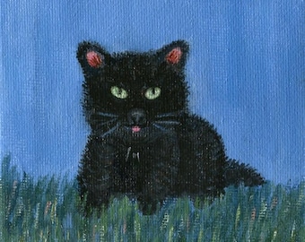 Black Cat Art - Folk Art Kittie - Original Acrylic With Magnet