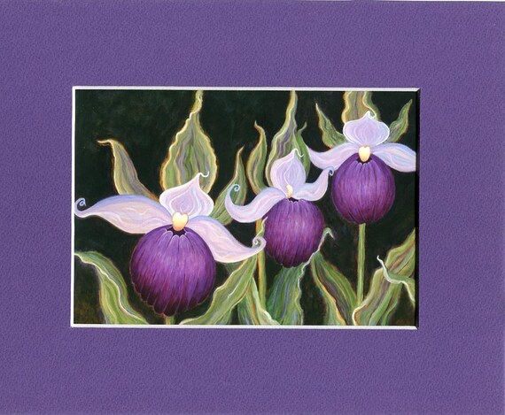 Slipper Orchid art - Purple flower print - Matted Lady Slipper
