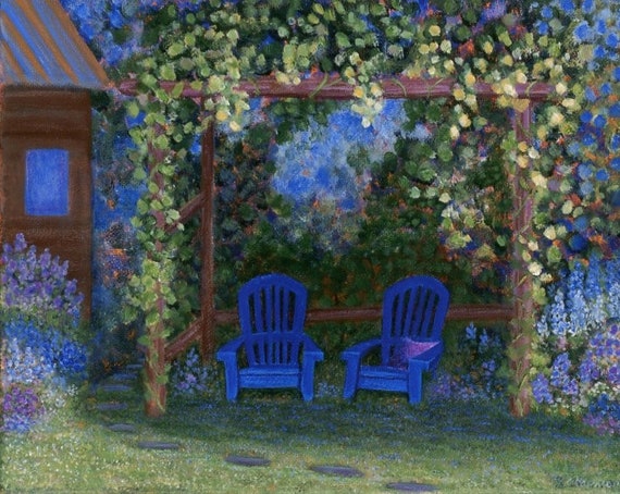 Blue Chairs Flower Garden Art Print – Maine Garden, Signed