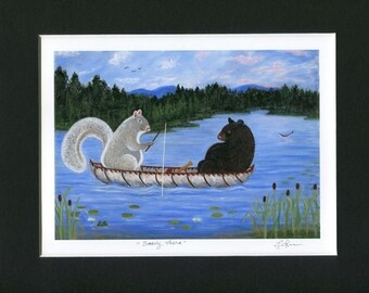 Funny Squirrel & Bear Art Print – Animals Fishing - Matted Nursery Decor
