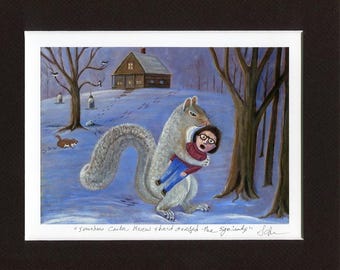 Funny Squirrel art - Woodland animals - Matted Art Print