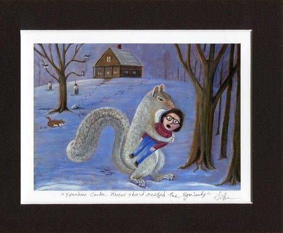 Funny Squirrel art - Woodland animals - Matted Art Print